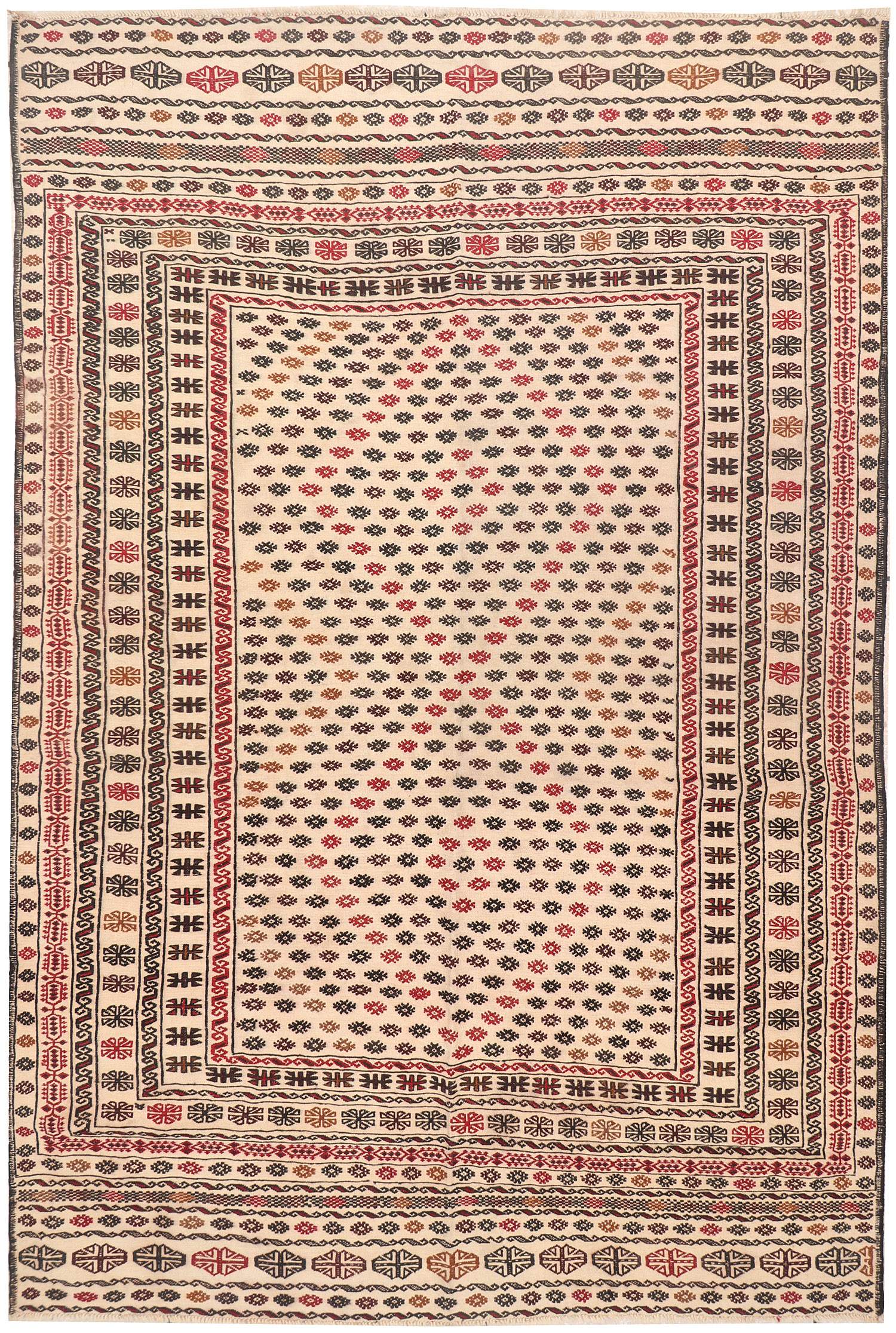 6' 6"X 10' Ivory Handmade Pai Murgh Soumak Kilim Rug Rectangular