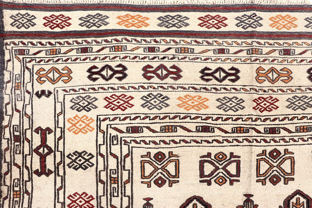 4' 6" x 6' 6 Ivory Handmade Pai Murgh Soumak Kilim Rug Rectangular