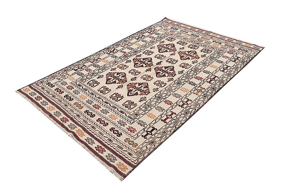 4' 6" x 6' 6 Ivory Handmade Pai Murgh Soumak Kilim Rug Rectangular
