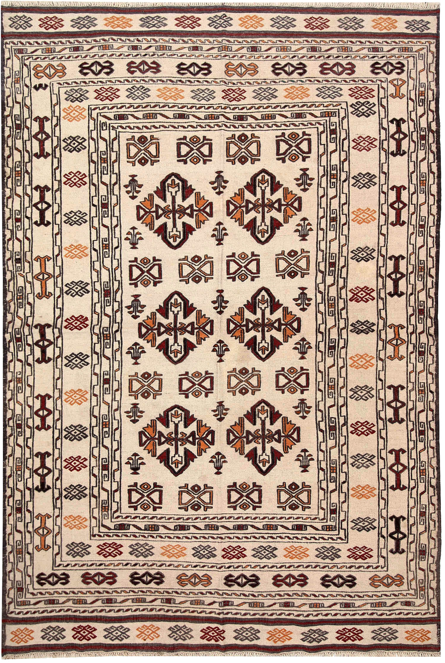 4' 6" x 6' 6 Ivory Handmade Pai Murgh Soumak Kilim Rug Rectangular