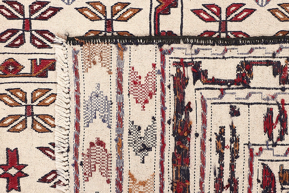 4' 6" x 6' 6 Ivory Handmade Pai Murgh Soumak Kilim Rug Rectangular