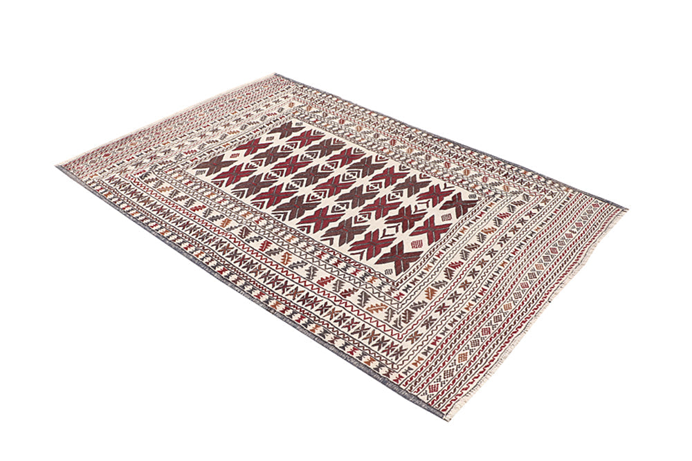 4' 6" x 6' 6 Ivory Handmade Pai Murgh Soumak Kilim Rug Rectangular