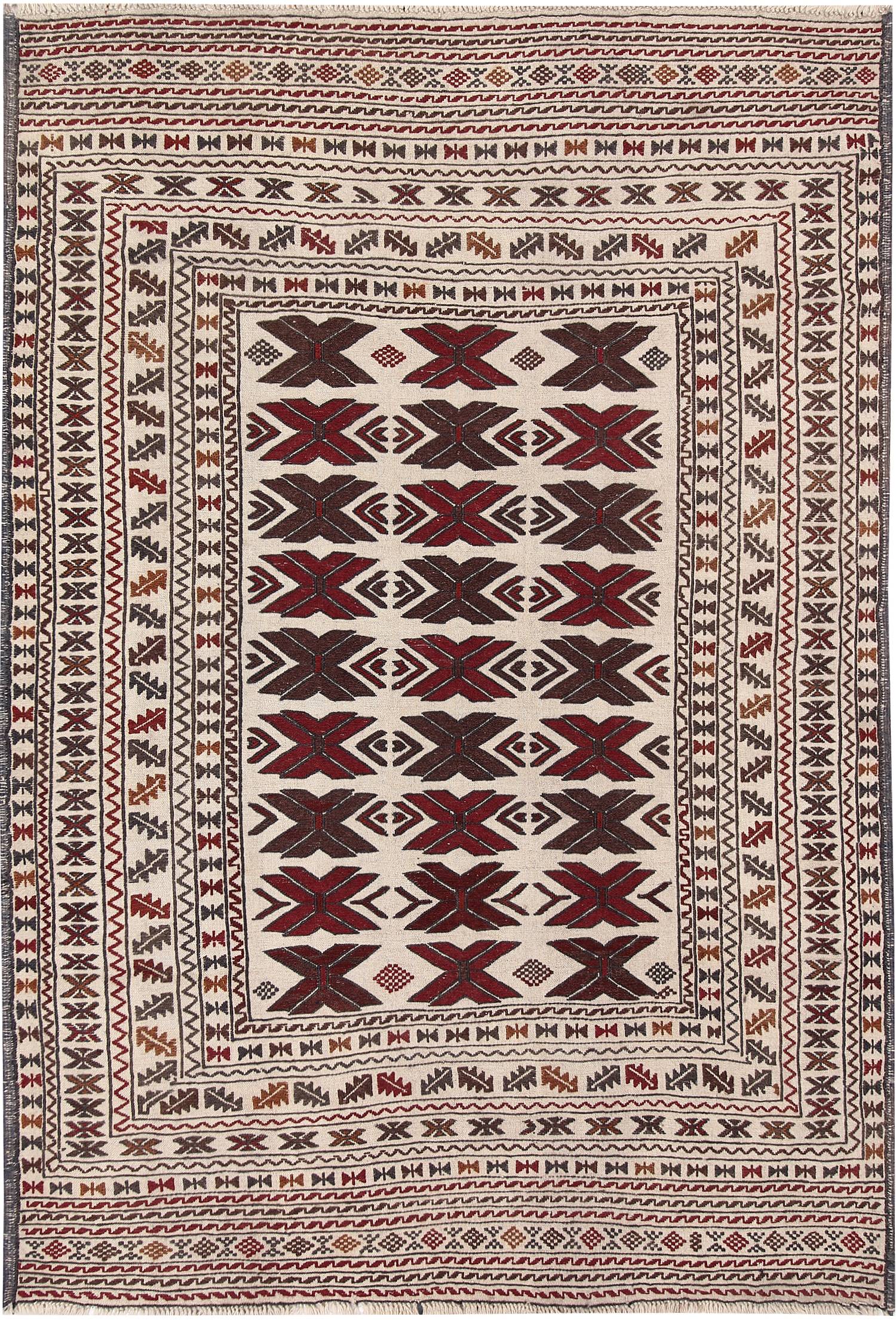 4' 6" x 6' 6 Ivory Handmade Pai Murgh Soumak Kilim Rug Rectangular