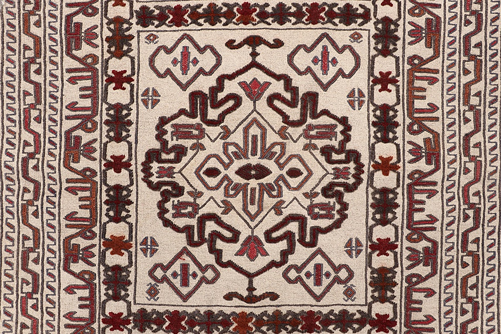 4' 6" x 6' 6 Ivory Handmade Pai Murgh Soumak Kilim Rug Rectangular