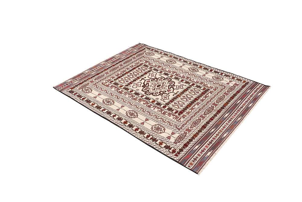 4' 6" x 6' 6 Ivory Handmade Pai Murgh Soumak Kilim Rug Rectangular