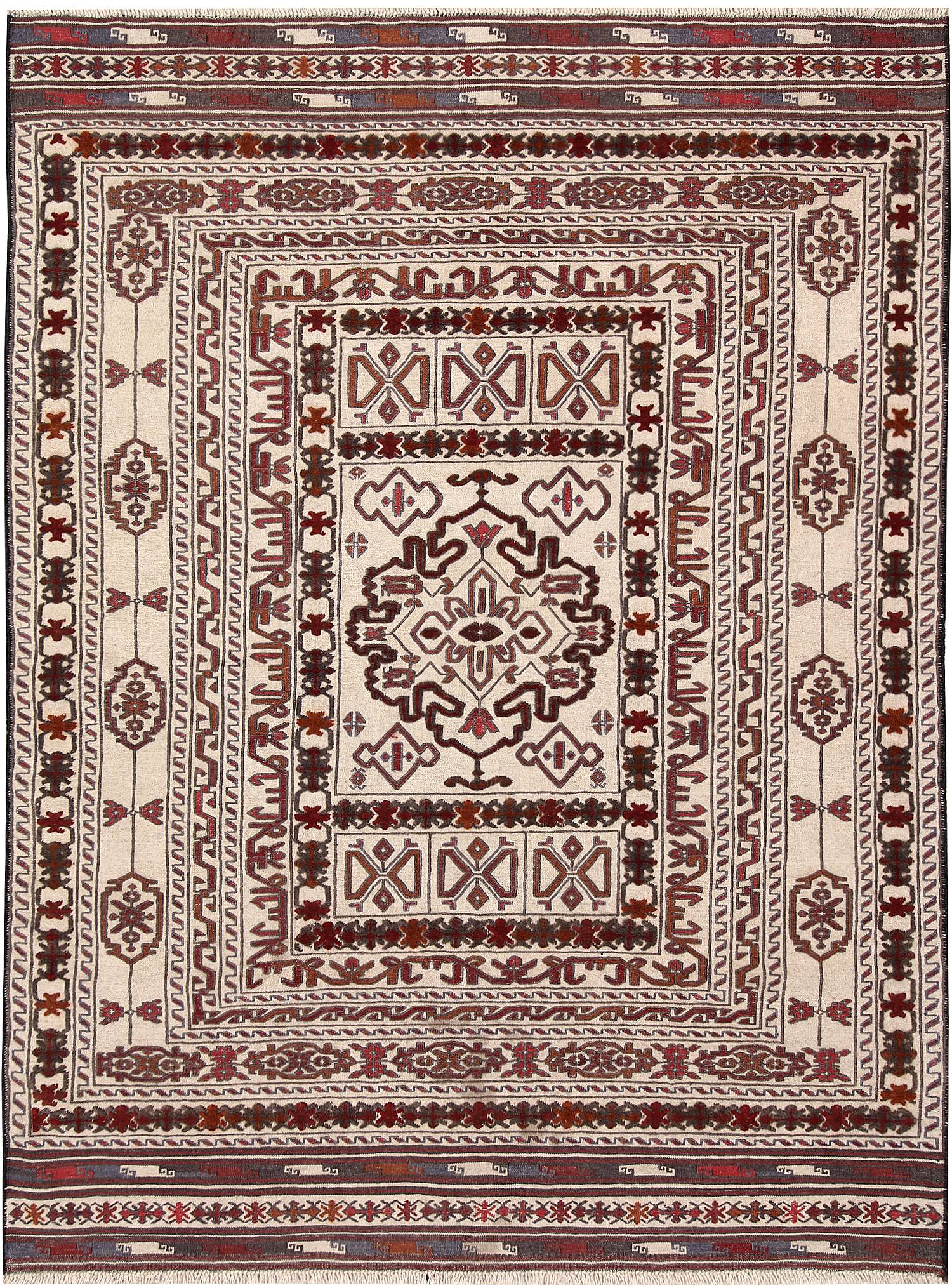 4' 6" x 6' 6 Ivory Handmade Pai Murgh Soumak Kilim Rug Rectangular