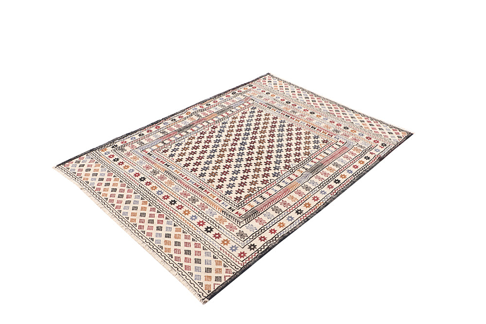 4' x 6' Ivory Handmade Pai Murgh Soumak Kilim Rug Rectangular