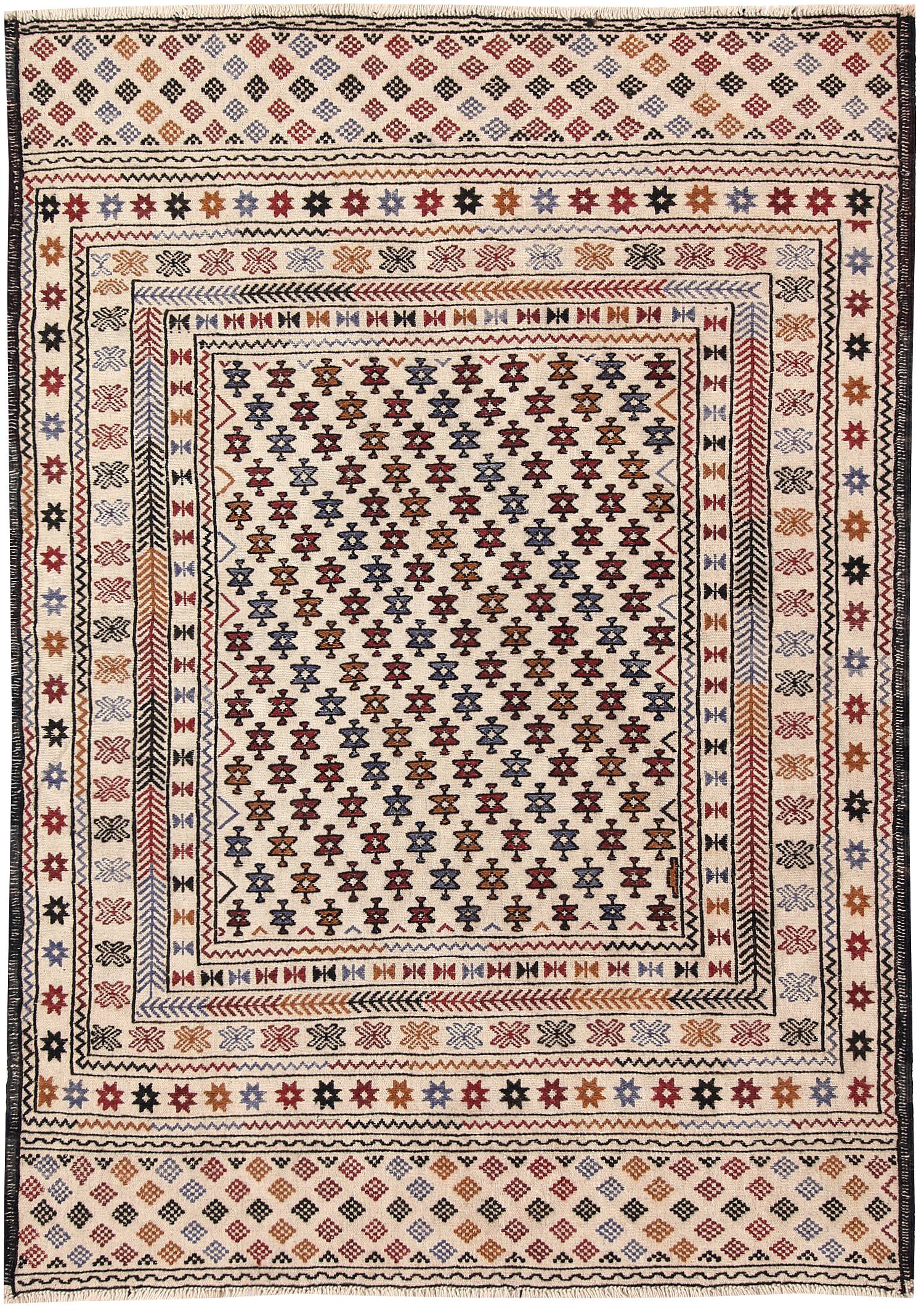 4' x 6' Ivory Handmade Pai Murgh Soumak Kilim Rug Rectangular