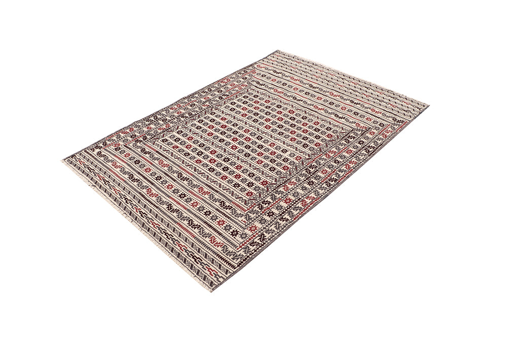 4' 6" x 6' 6 Ivory Handmade Pai Murgh Soumak Kilim Rug Rectangular