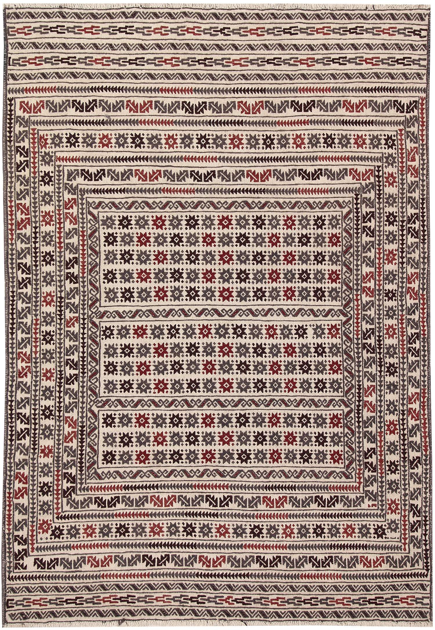 4' 6" x 6' 6 Ivory Handmade Pai Murgh Soumak Kilim Rug Rectangular