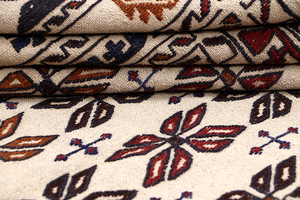 Ivory Handmade Pai Murgh Soumak Kilim Rug Rectangular