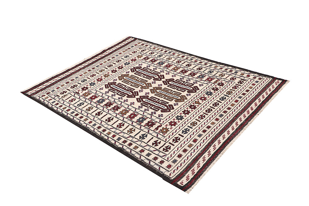 4' x 6' Ivory Handmade Pai Murgh Soumak Kilim Rug Rectangular