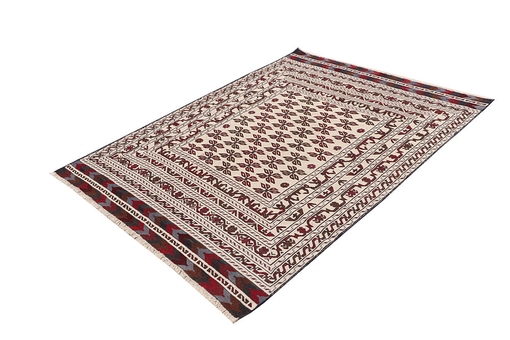 4' x 6' Ivory Handmade Pai Murgh Soumak Kilim Rug Rectangular