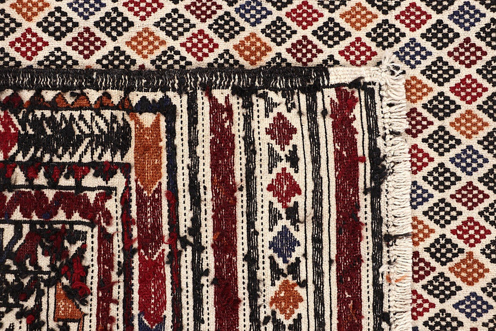 4' 6" x 6' 6 Ivory Handmade Pai Murgh Soumak Kilim Rug Rectangular