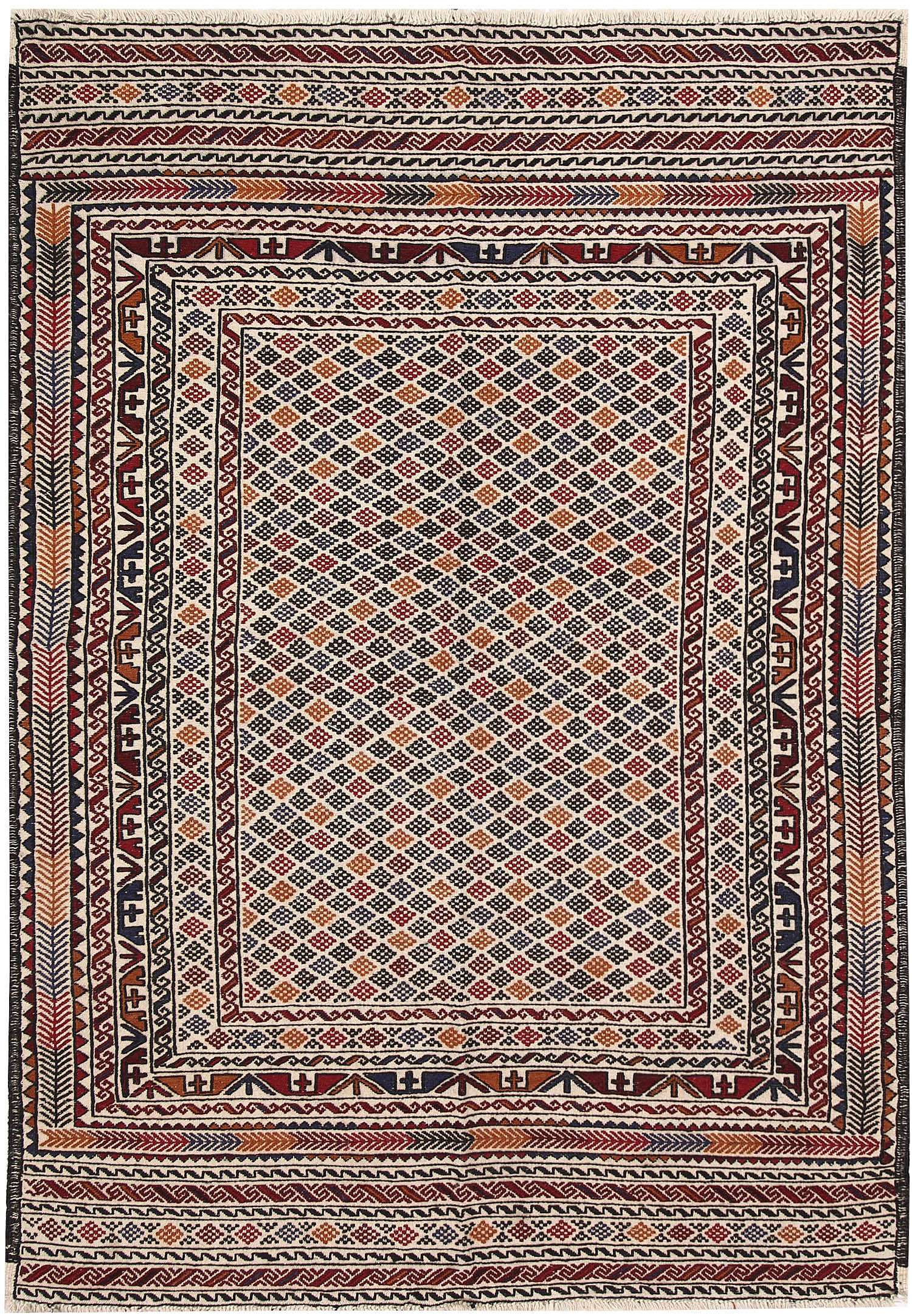 4' 6" x 6' 6 Ivory Handmade Pai Murgh Soumak Kilim Rug Rectangular