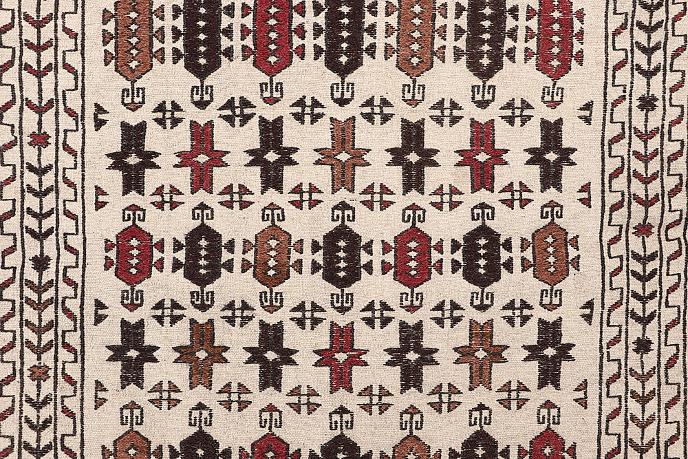 4' 6" x 6' 6 Ivory Handmade Pai Murgh Soumak Kilim Rug Rectangular