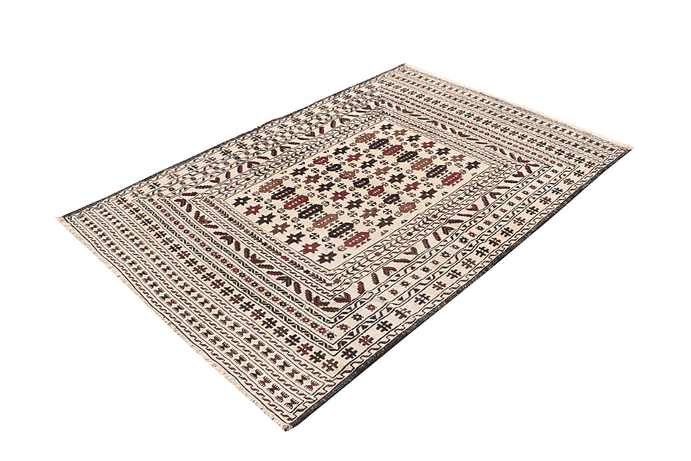 4' 6" x 6' 6 Ivory Handmade Pai Murgh Soumak Kilim Rug Rectangular
