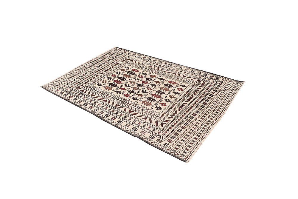 4' 6" x 6' 6 Ivory Handmade Pai Murgh Soumak Kilim Rug Rectangular