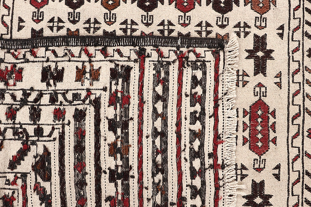4' 6" x 6' 6 Ivory Handmade Pai Murgh Soumak Kilim Rug Rectangular
