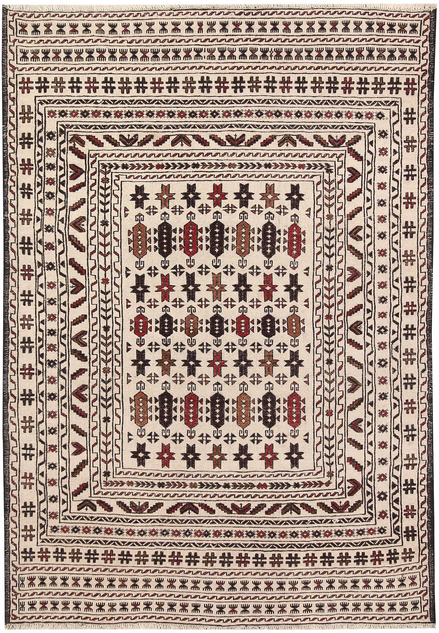 4' 6" x 6' 6 Ivory Handmade Pai Murgh Soumak Kilim Rug Rectangular