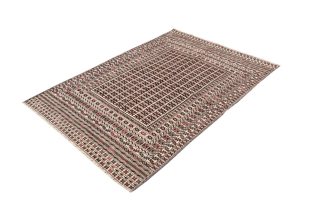 4' 6" x 6' 6 Ivory Handmade Pai Murgh Soumak Kilim Rug Rectangular