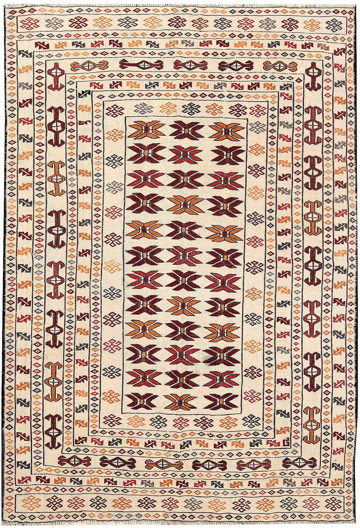 4' 6" x 6' 6 Ivory Handmade Pai Murgh Soumak Kilim Rug Rectangular