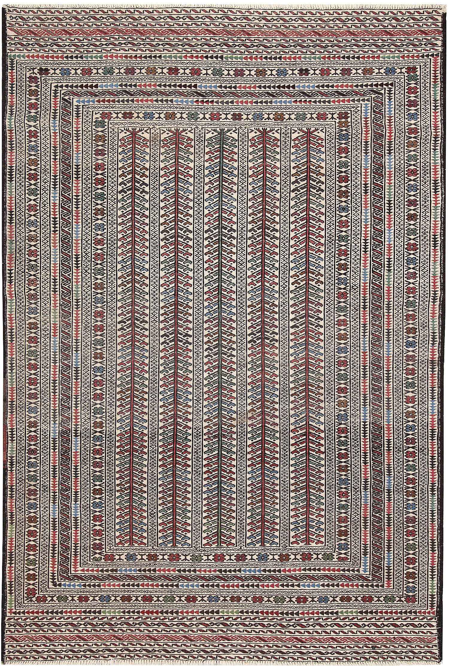 4' 6" x 6' 6 Ivory Handmade Pai Murgh Soumak Kilim Rug Rectangular