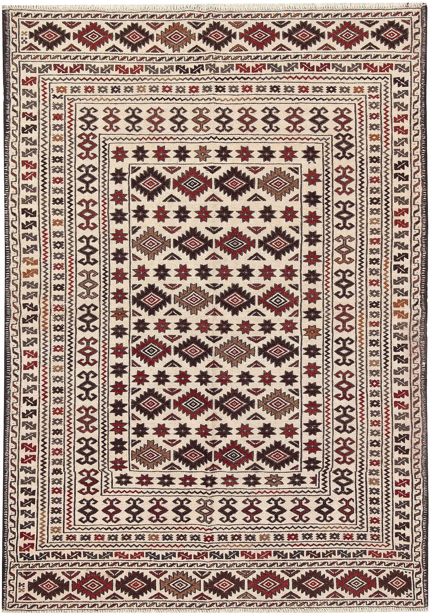 4' 6" x 6' 6 Ivory Handmade Pai Murgh Soumak Kilim Rug Rectangular