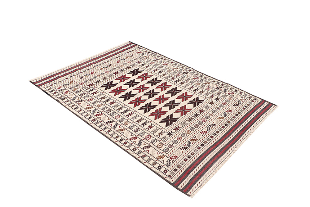 4' x 6' Ivory Handmade Pai Murgh Soumak Kilim Rug Rectangular