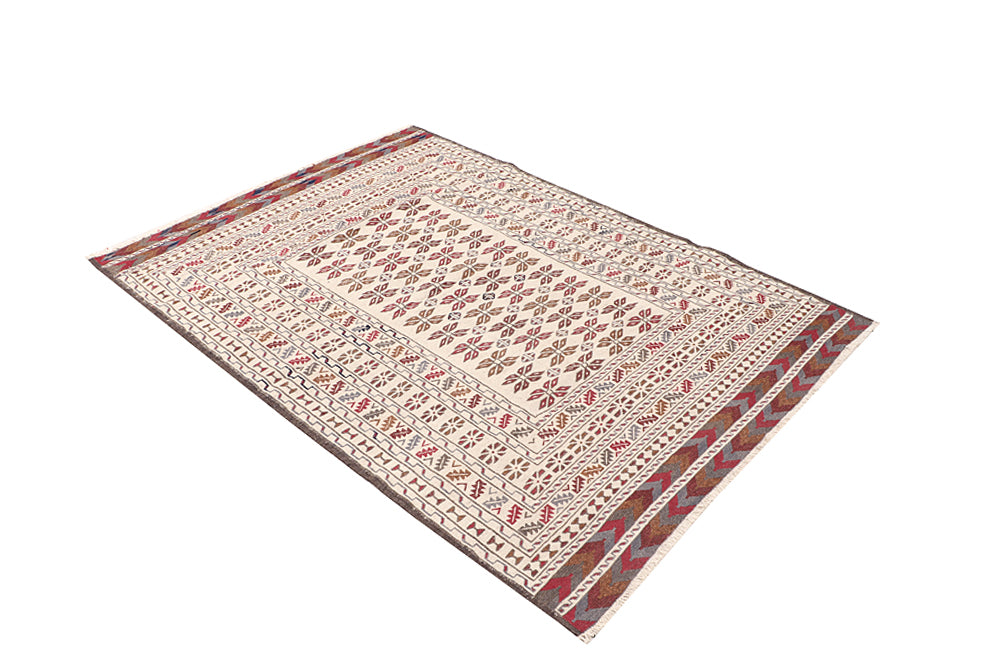 Ivory Handmade Pai Murgh Soumak Kilim Rug Rectangular