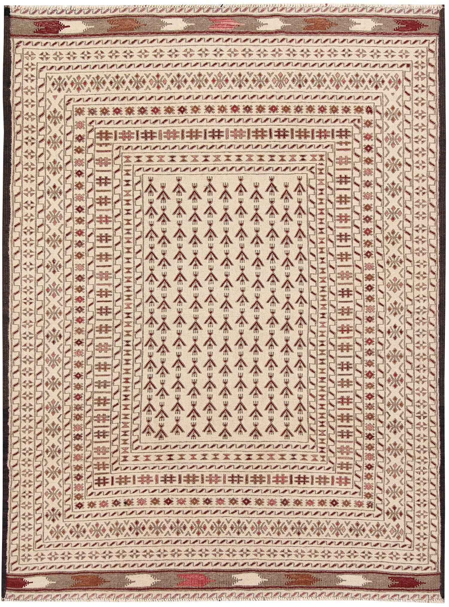 4' x 6' Ivory Handmade Pai Murgh Soumak Kilim Rug Rectangular