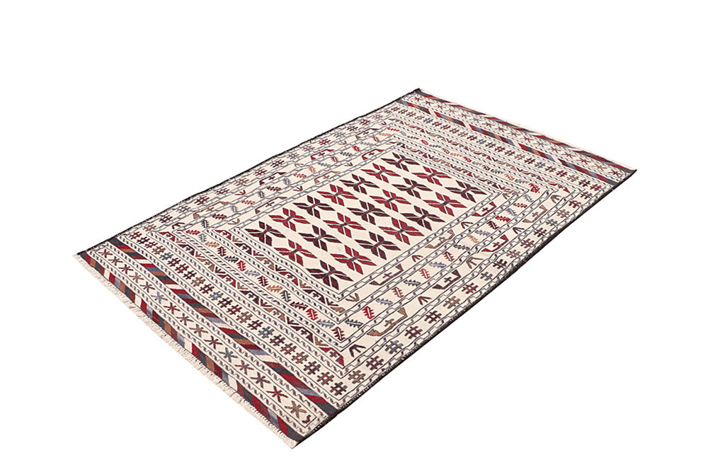 4' x 6' Ivory Handmade Pai Murgh Soumak Kilim Rug Rectangular
