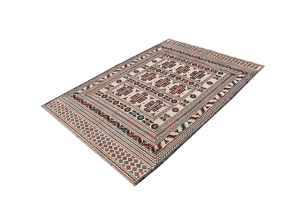4' x 6' Ivory Handmade Pai Murgh Soumak Kilim Rug Rectangular