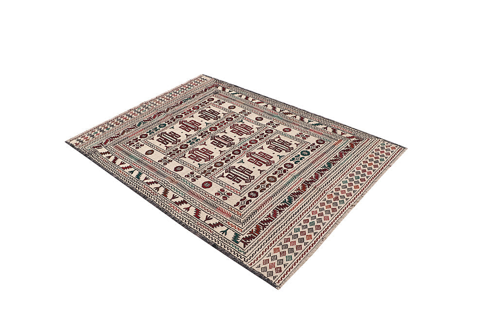 4' x 6' Ivory Handmade Pai Murgh Soumak Kilim Rug Rectangular
