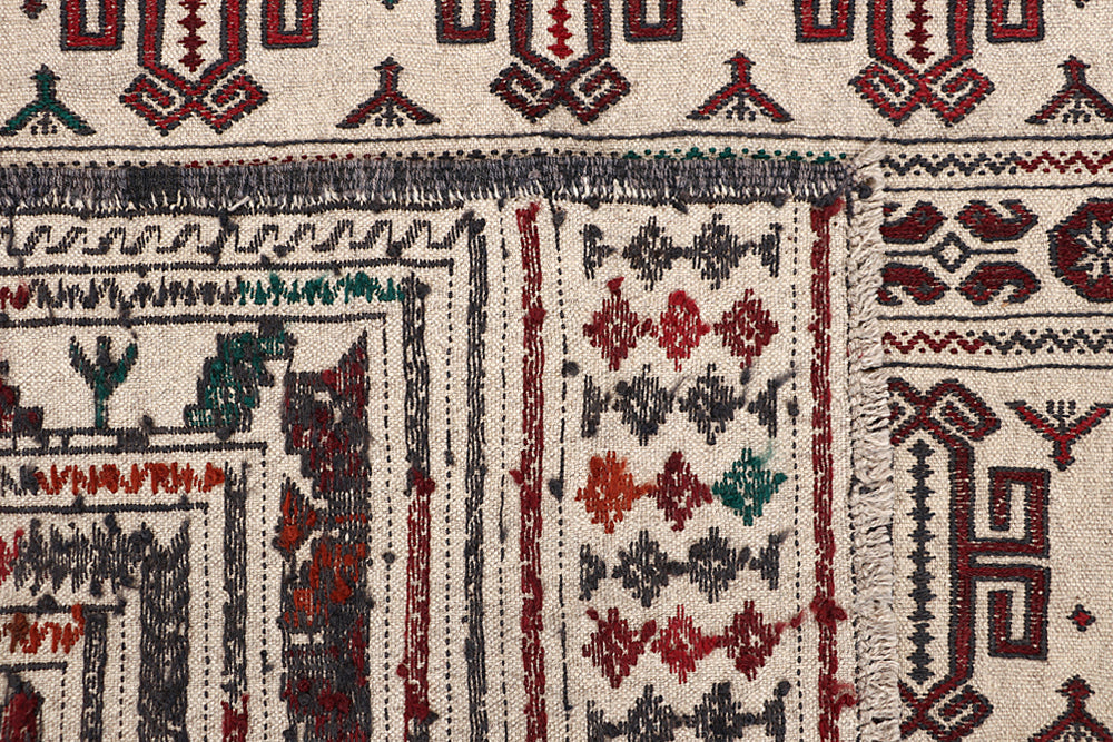 4' x 6' Ivory Handmade Pai Murgh Soumak Kilim Rug Rectangular