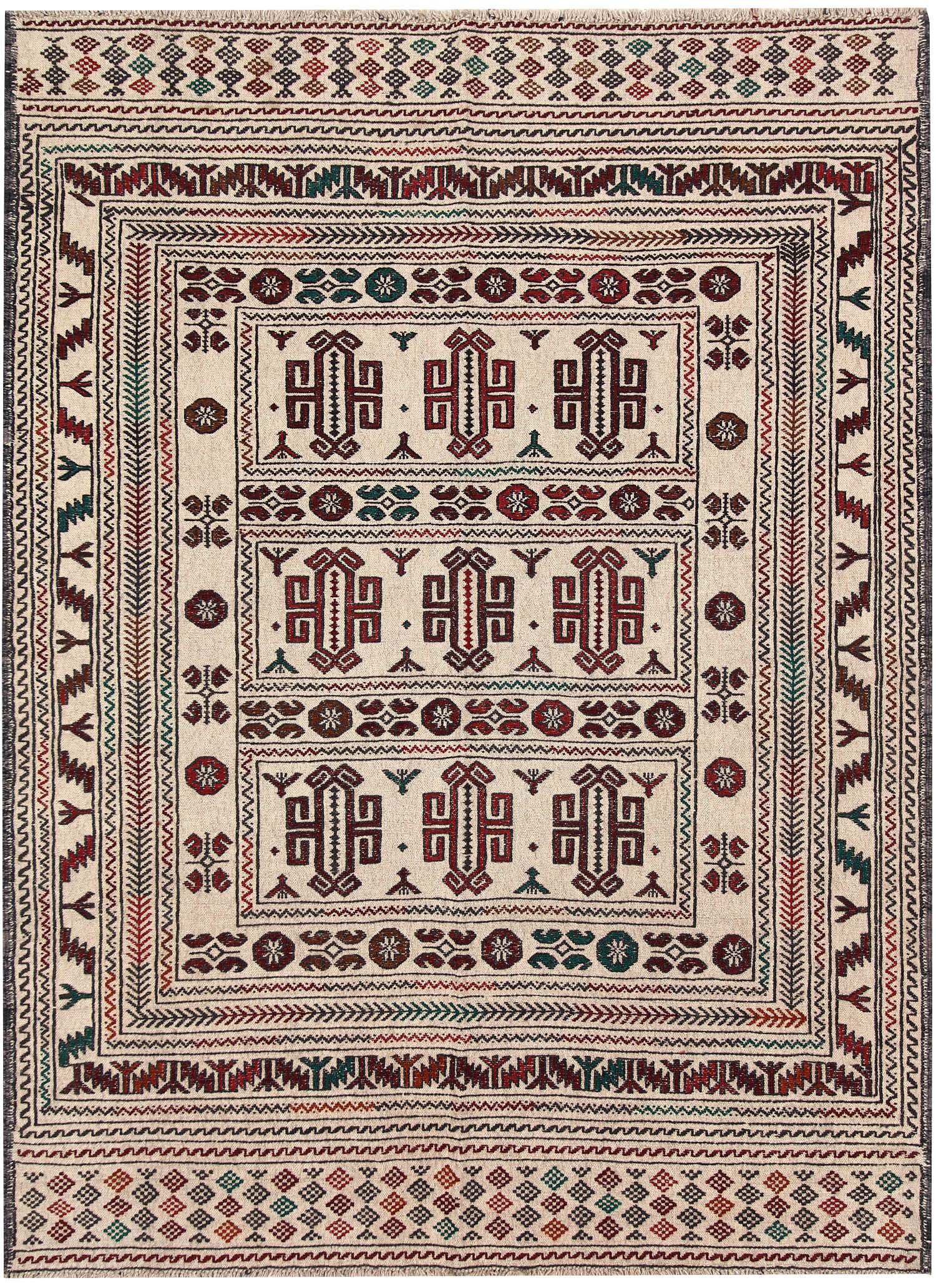 4' x 6' Ivory Handmade Pai Murgh Soumak Kilim Rug Rectangular