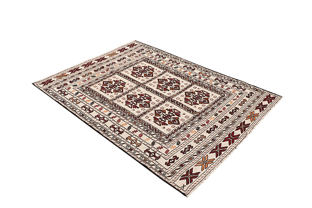 4' x 6' Ivory Handmade Pai Murgh Soumak Kilim Rug Rectangular