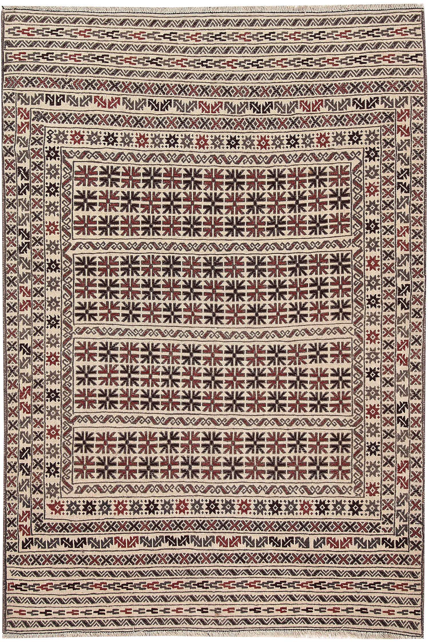 4' 6" x 6' 6 Ivory Handmade Pai Murgh Soumak Kilim Rug Rectangular