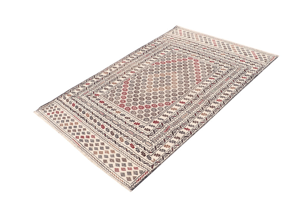 4' 6" x 6' 6 Ivory Handmade Pai Murgh Soumak Kilim Rug Rectangular