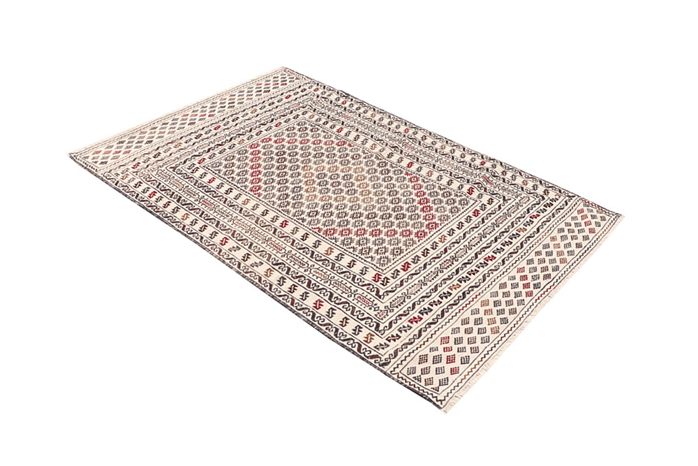 4' 6" x 6' 6 Ivory Handmade Pai Murgh Soumak Kilim Rug Rectangular