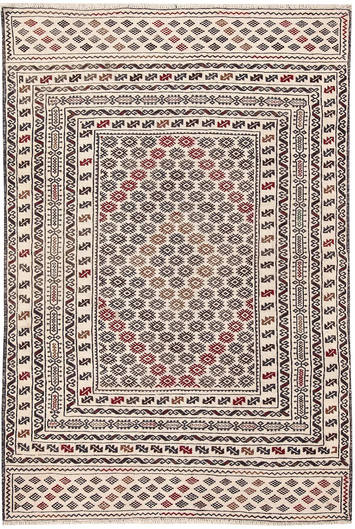 4' 6" x 6' 6 Ivory Handmade Pai Murgh Soumak Kilim Rug Rectangular