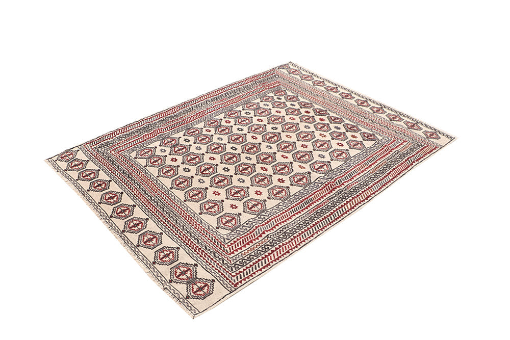 4' 6" x 6' 6 Ivory Handmade Pai Murgh Soumak Kilim Rug Rectangular