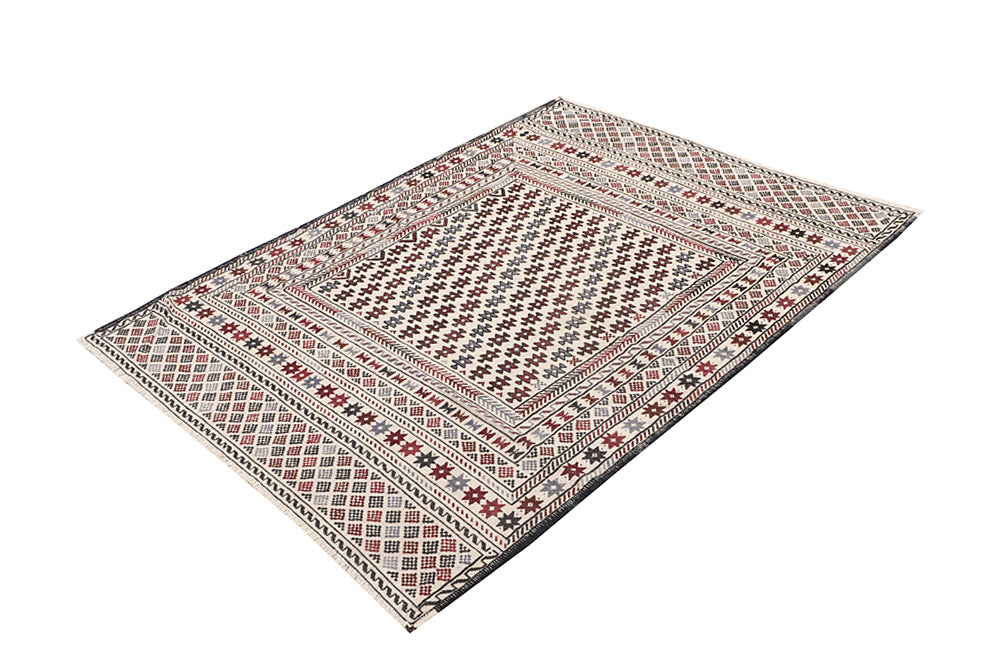 4' x 6' Ivory Handmade Pai Murgh Soumak Kilim Rug Rectangular