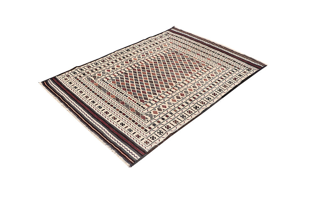 4' x 6' Ivory Handmade Pai Murgh Soumak Kilim Rug Rectangular