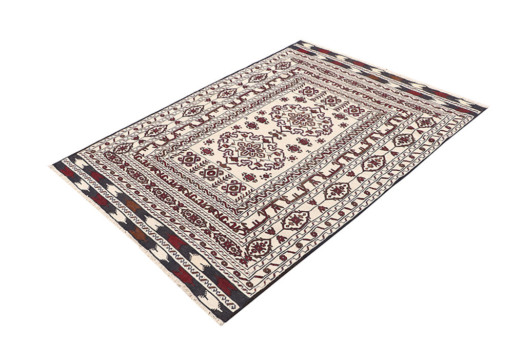 4' x 6' Ivory Handmade Pai Murgh Soumak Kilim Rug Rectangular