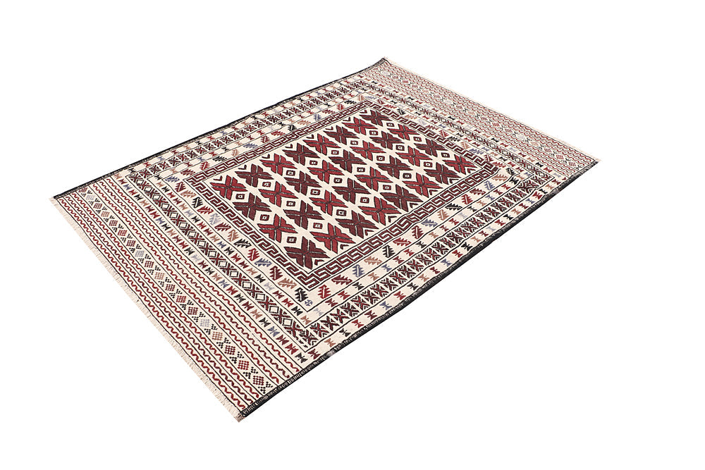 4' 6" x 6' 6 Ivory Handmade Pai Murgh Soumak Kilim Rug Rectangular