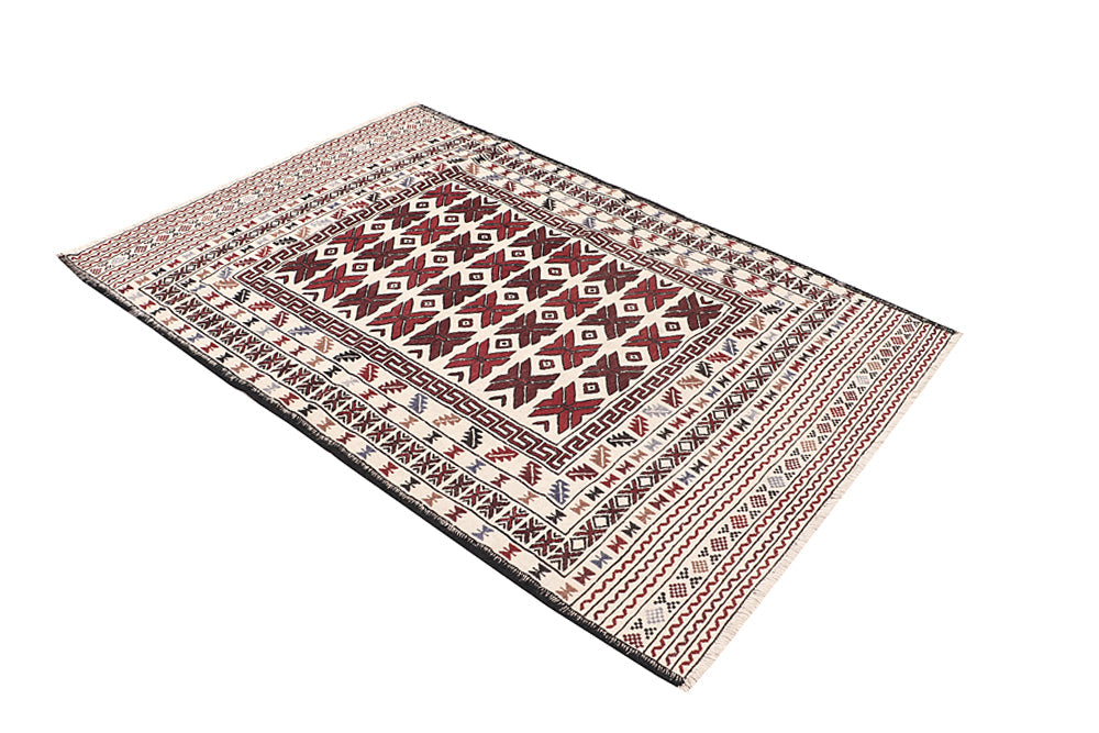 4' 6" x 6' 6 Ivory Handmade Pai Murgh Soumak Kilim Rug Rectangular