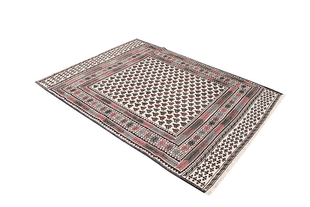4' 6" x 6' 6 Ivory Handmade Pai Murgh Soumak Kilim Rug Rectangular