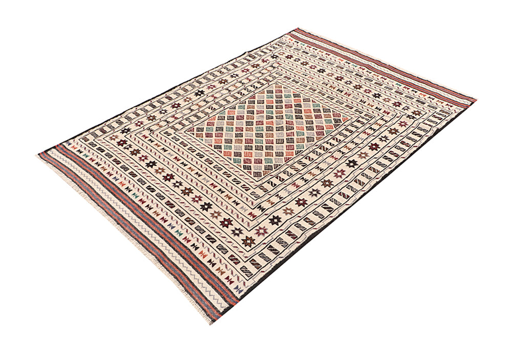 4' x 6' Ivory Handmade Pai Murgh Soumak Kilim Rug Rectangular