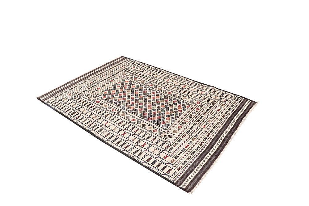4' 6" x 6' 6 Ivory Handmade Pai Murgh Soumak Kilim Rug Rectangular
